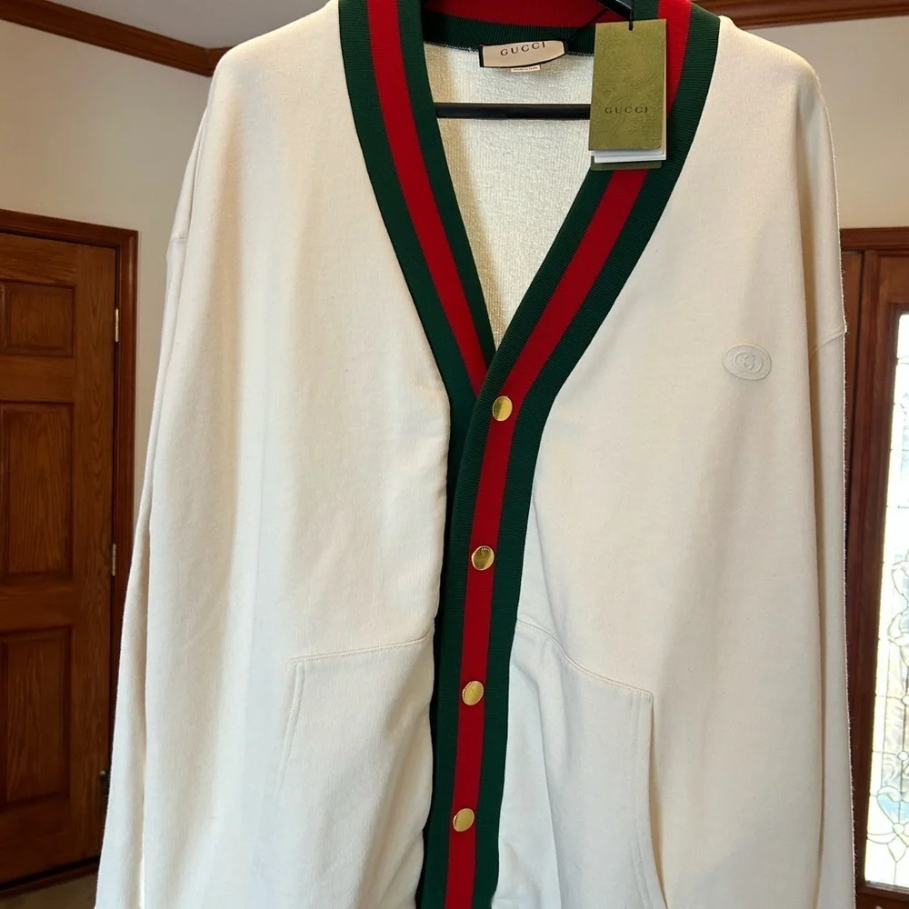 Men's Gucci jersey cotton cardigan web detail size large made in Italy